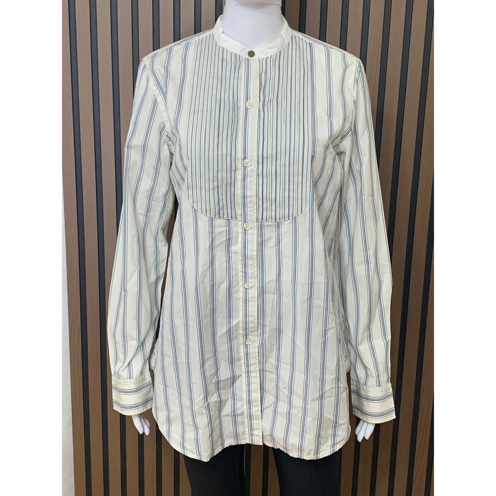 Lauren Ralph Lauren Blue White Striped Bib Front Band Collar Cotton Shirt Sz M
